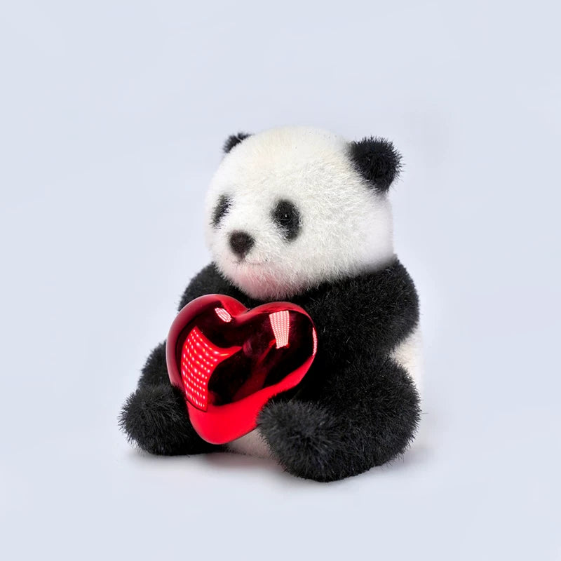 Flocked Sitting Panda Figurine Cute Adorable Healing Animal Ornament with Heart Accent